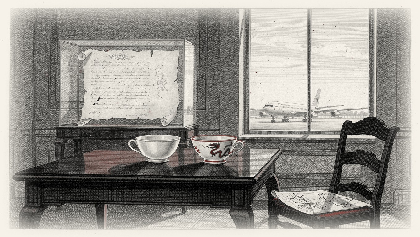 Lámina grabada: dos tazas de té frente a frente, un documento fundacional tras un vidrio, un tercer asiento vacío con un mapa doblado, y un avión en la pista al fondo